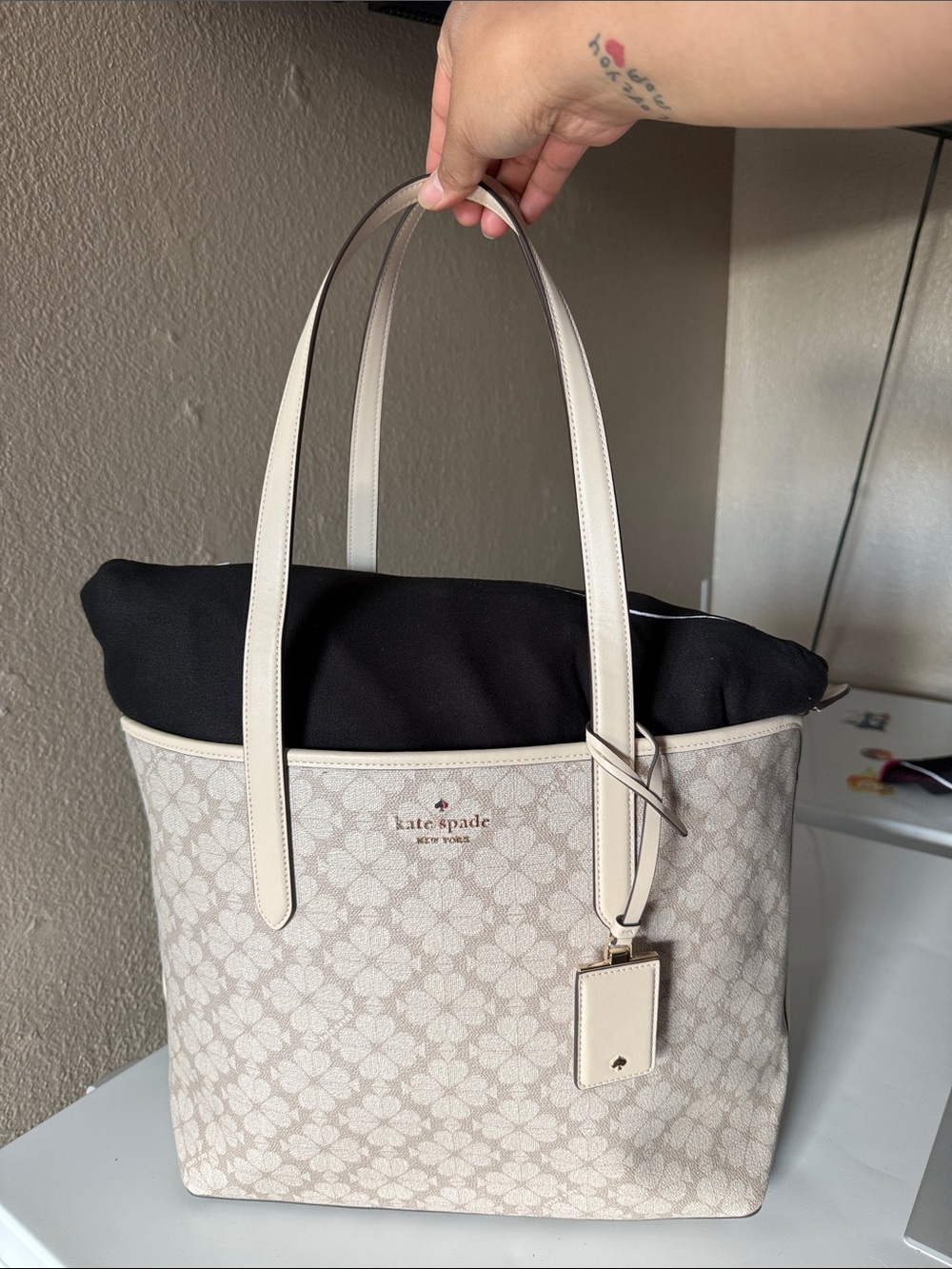 kate spade Cream Floral Logo Tote with Black Insert